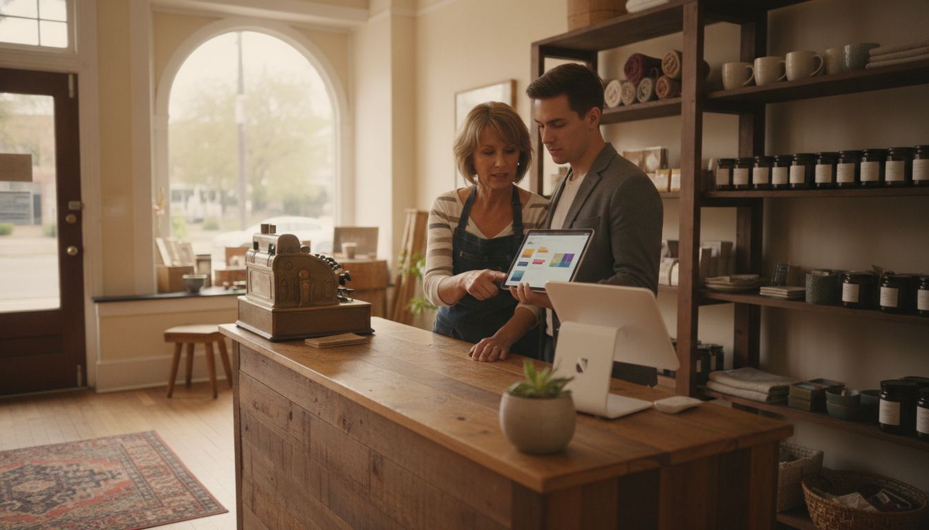 Retail owner comparing checkout software at the counter