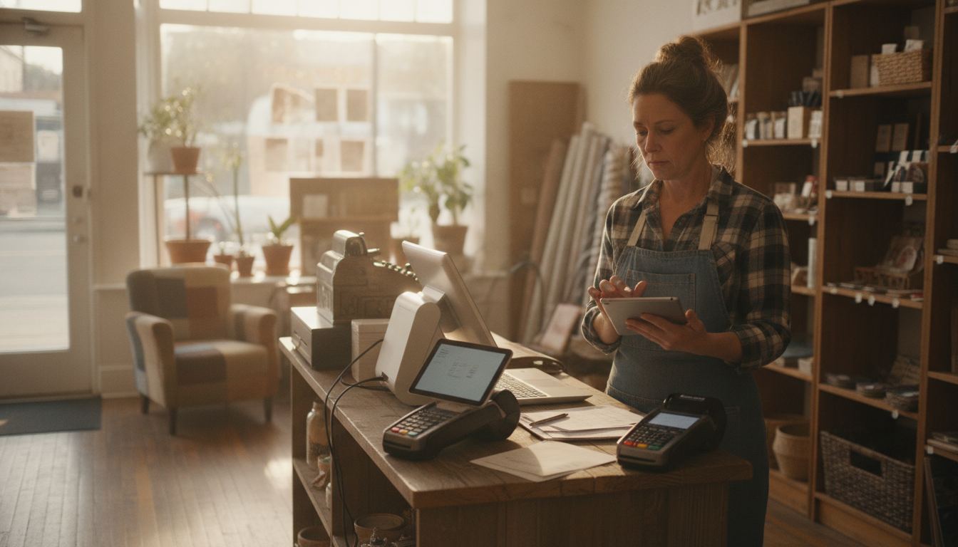 Retail shop owner comparing point-of-sale systems at the counter