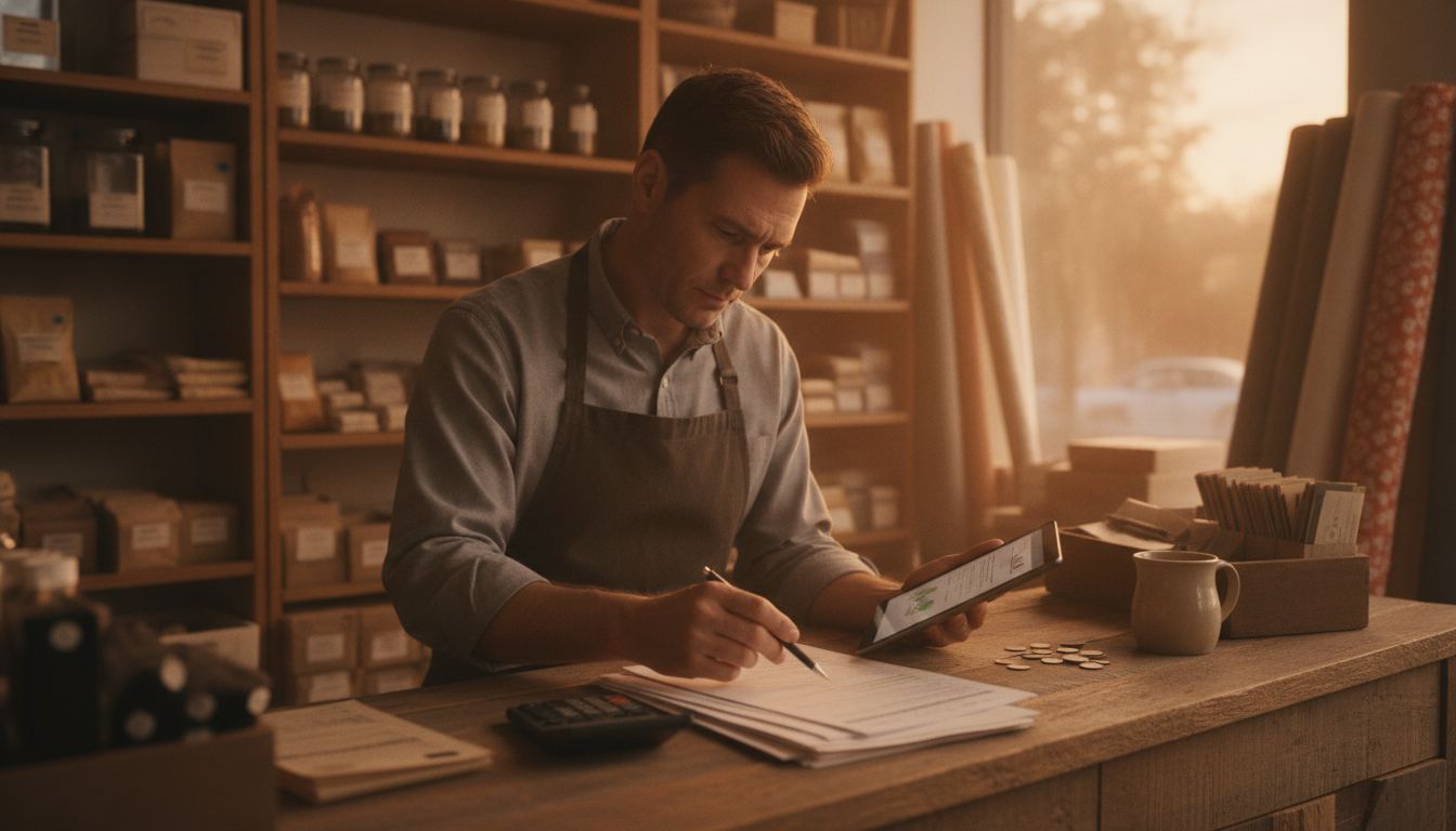 A shop owner at a counter reading a provider notice on a tablet while the store is quiet