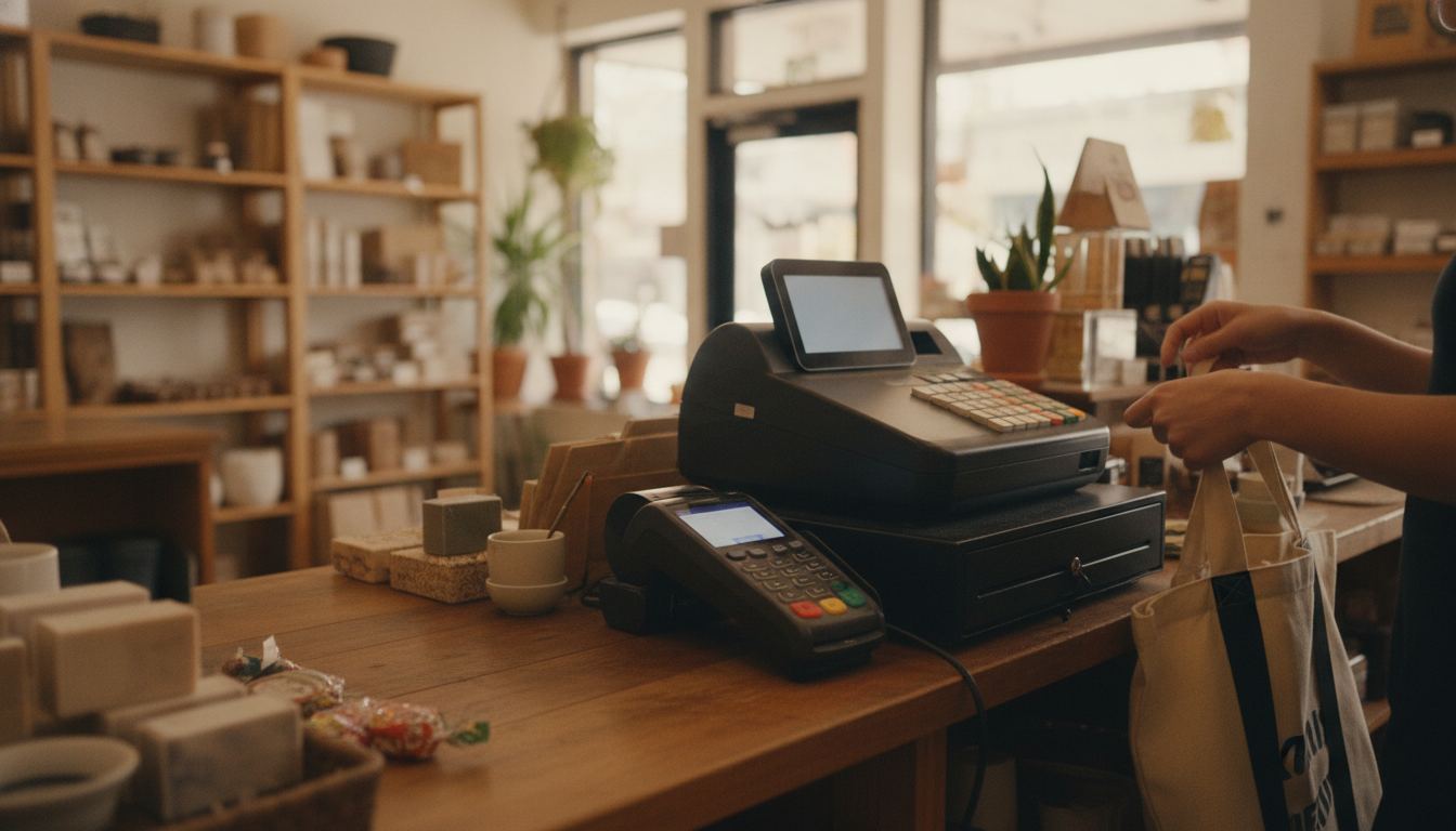 Card terminal and register at a busy retail counter