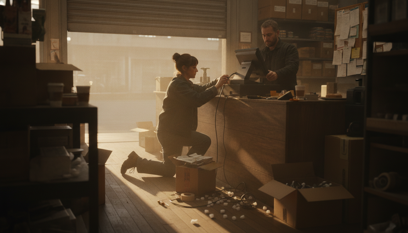 Two people installing a new register at a shop counter before opening