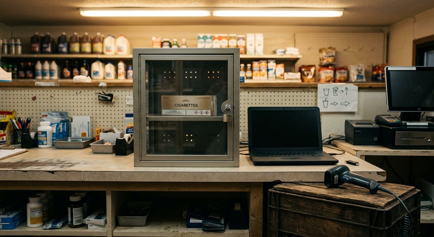 A convenience store back counter with a locked cigarette cabinet, a USB stick beside a closed laptop, and a handheld scanner on a crate.
