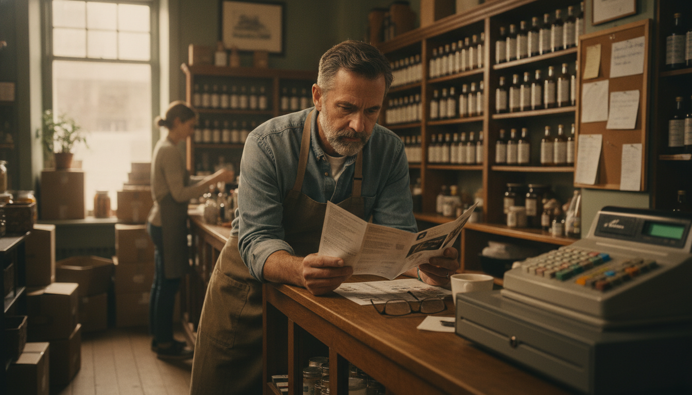 A shop owner comparing two printed vendor brochures at a counter