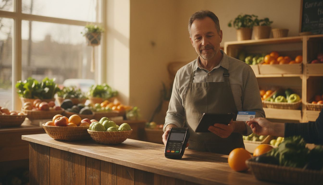 A grocer holding a tablet card reader next to a SNAP EBT card at a small produce counter