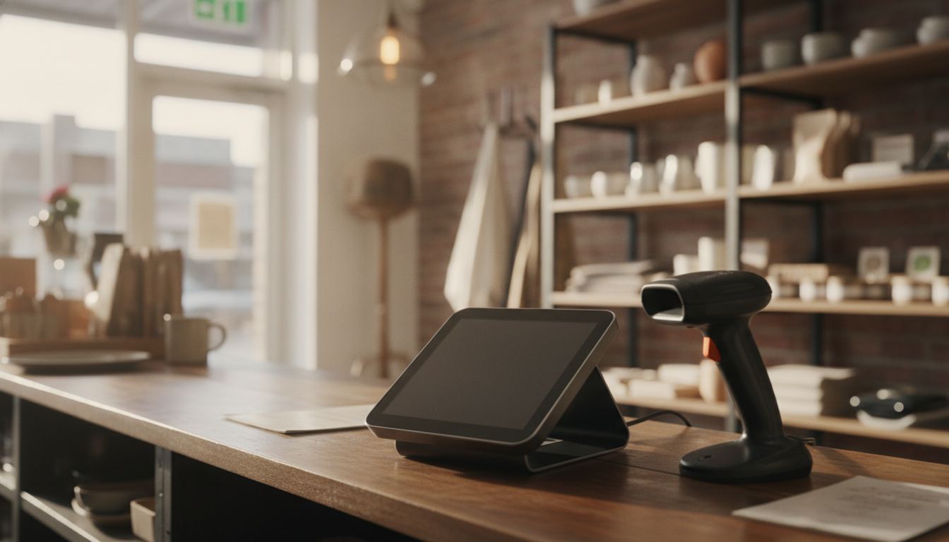 A shopkeeper ringing up a customer at a small store counter with a register and a card reader