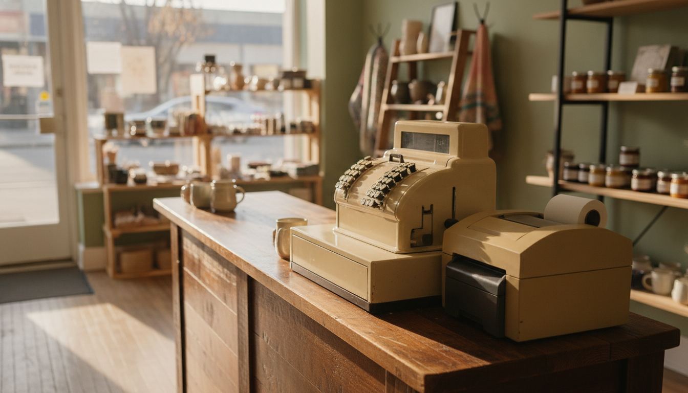 Secondhand checkout register and receipt printer on a retail counter
