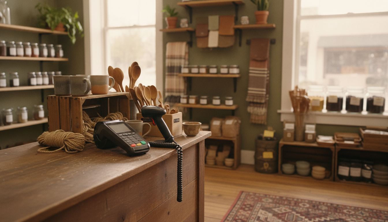 Card terminal beside a retail counter and barcode scanner