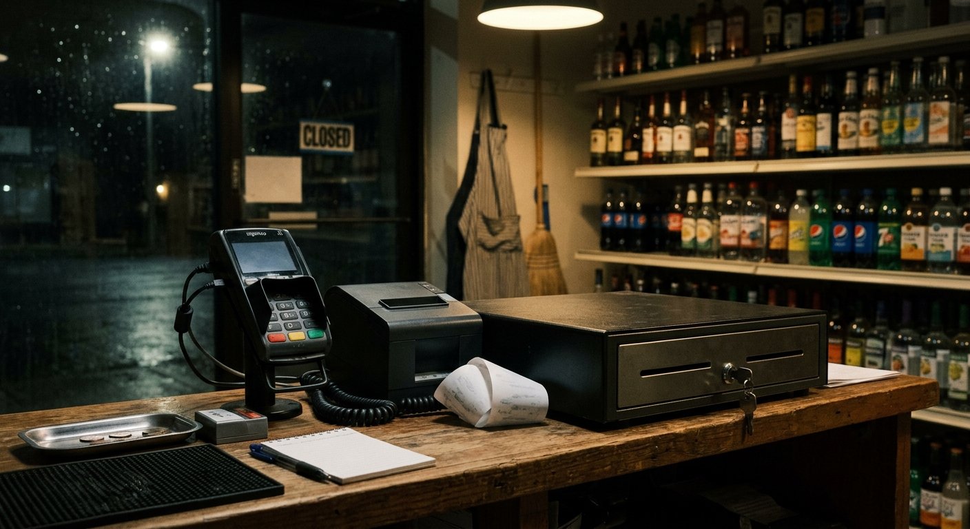 A closed independent store counter with a payment terminal beside a face-down shift tape and a locked cash drawer under dim overhead light.