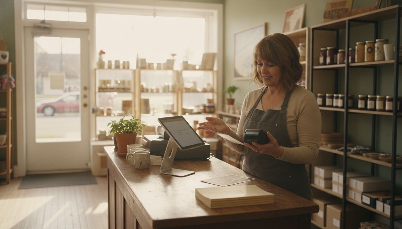 Store owner comparing different point-of-sale system formats at a retail counter