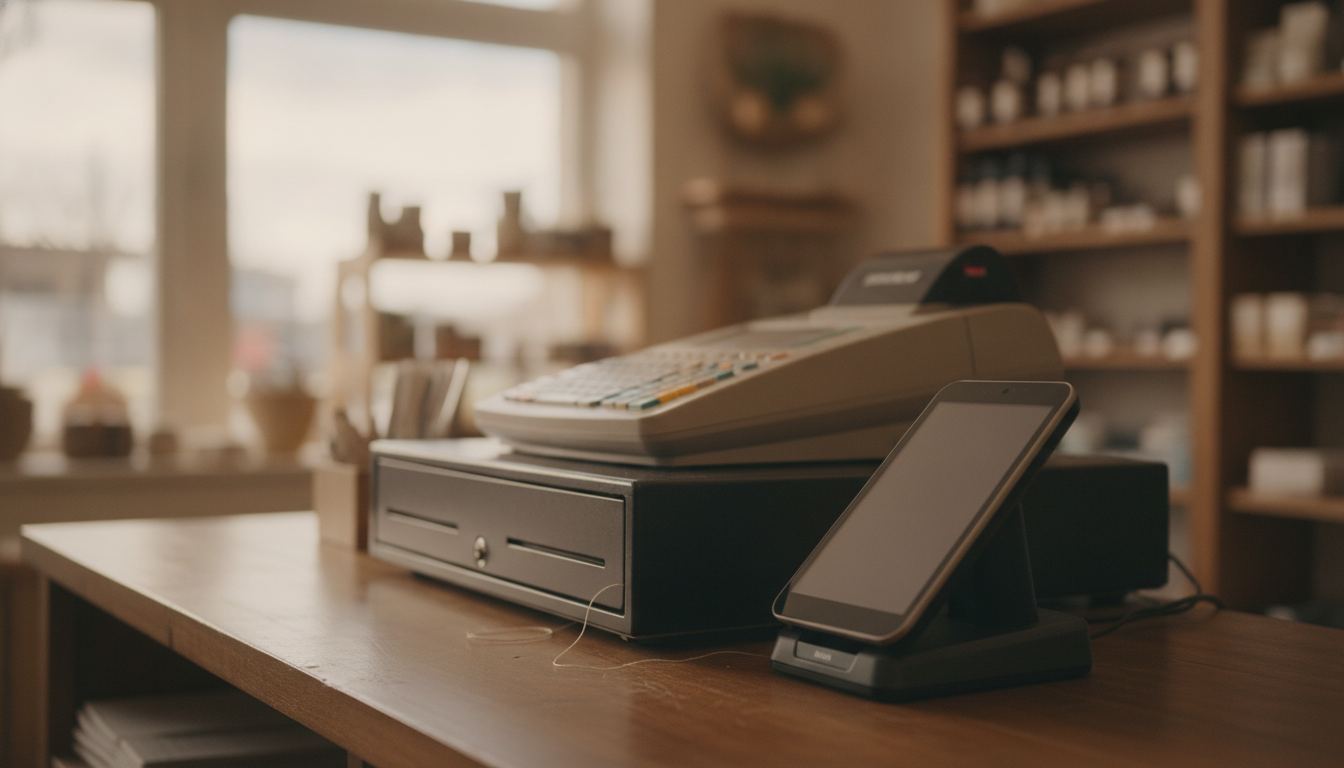 Countertop register beside a handheld POS terminal in a retail store