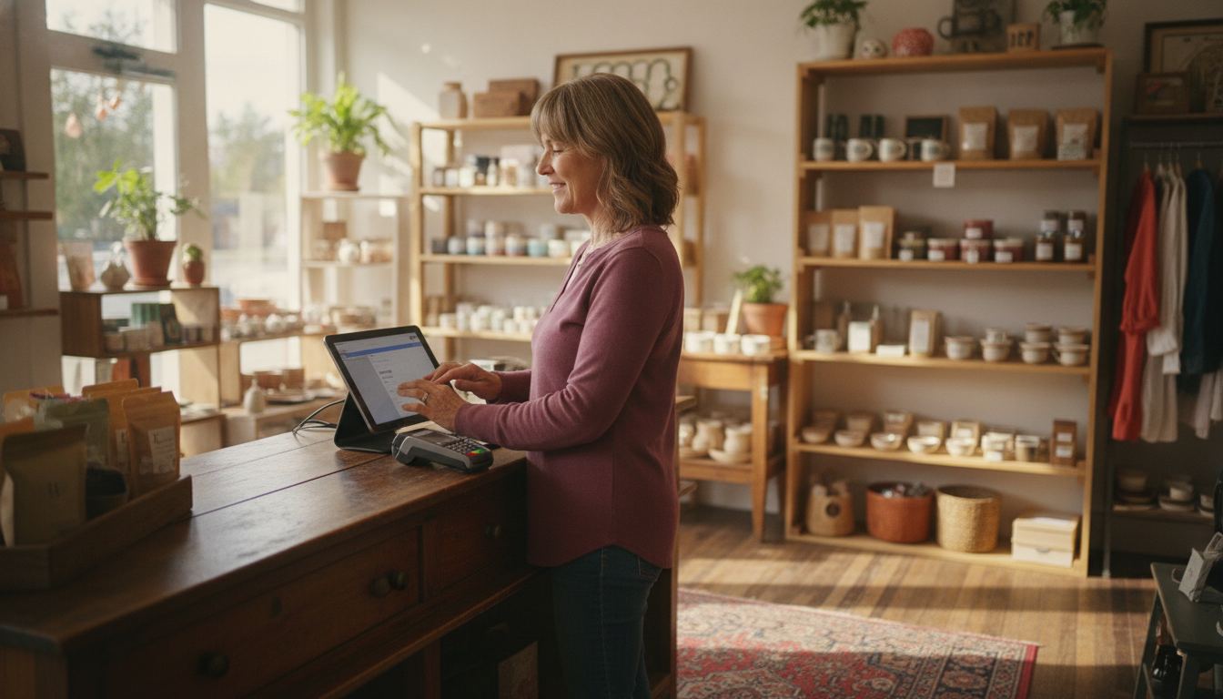 Store owner using a point of sale system at the checkout counter
