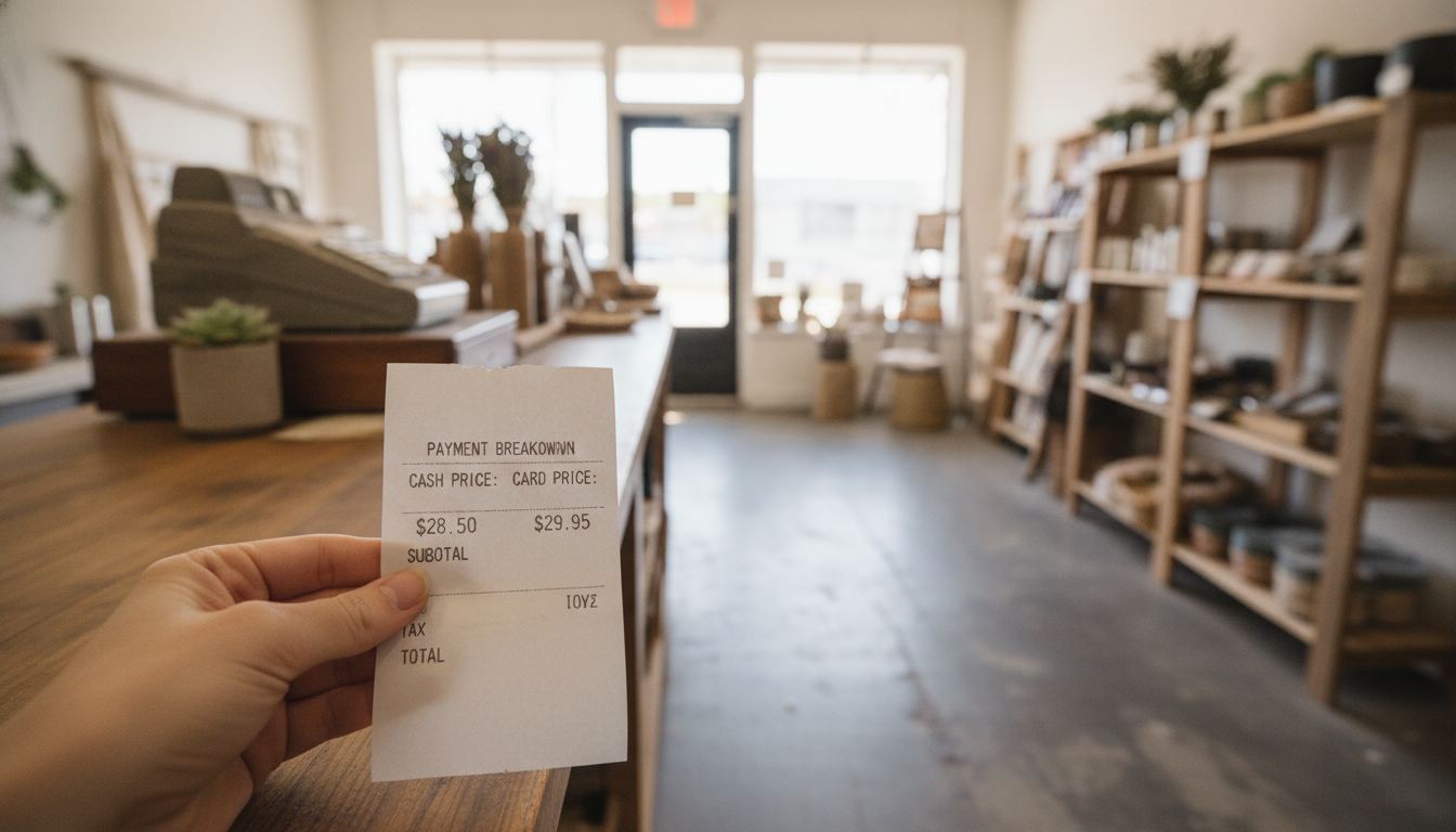 Store receipt showing separate cash and card pricing