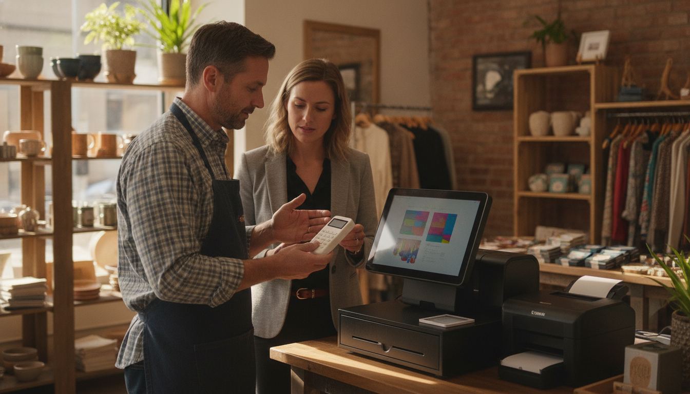 Store owner comparing a Square terminal with a specialty retail point-of-sale system
