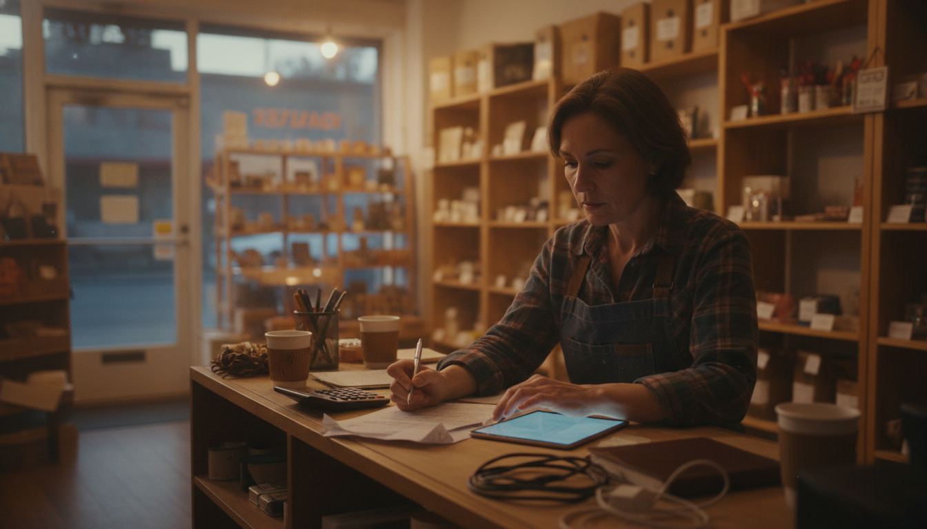 A bodega owner standing at the counter with a stack of monthly statements beside the card terminal