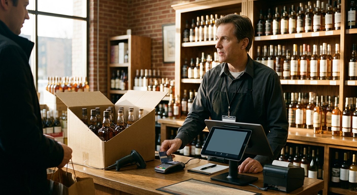 A liquor store counter with a tablet-style register beside an open case of glass bottles and an ID scanner in late afternoon light.