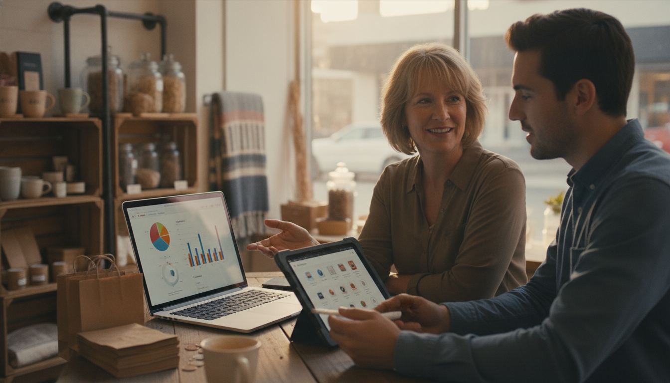 Store owner comparing point-of-sale software at the counter