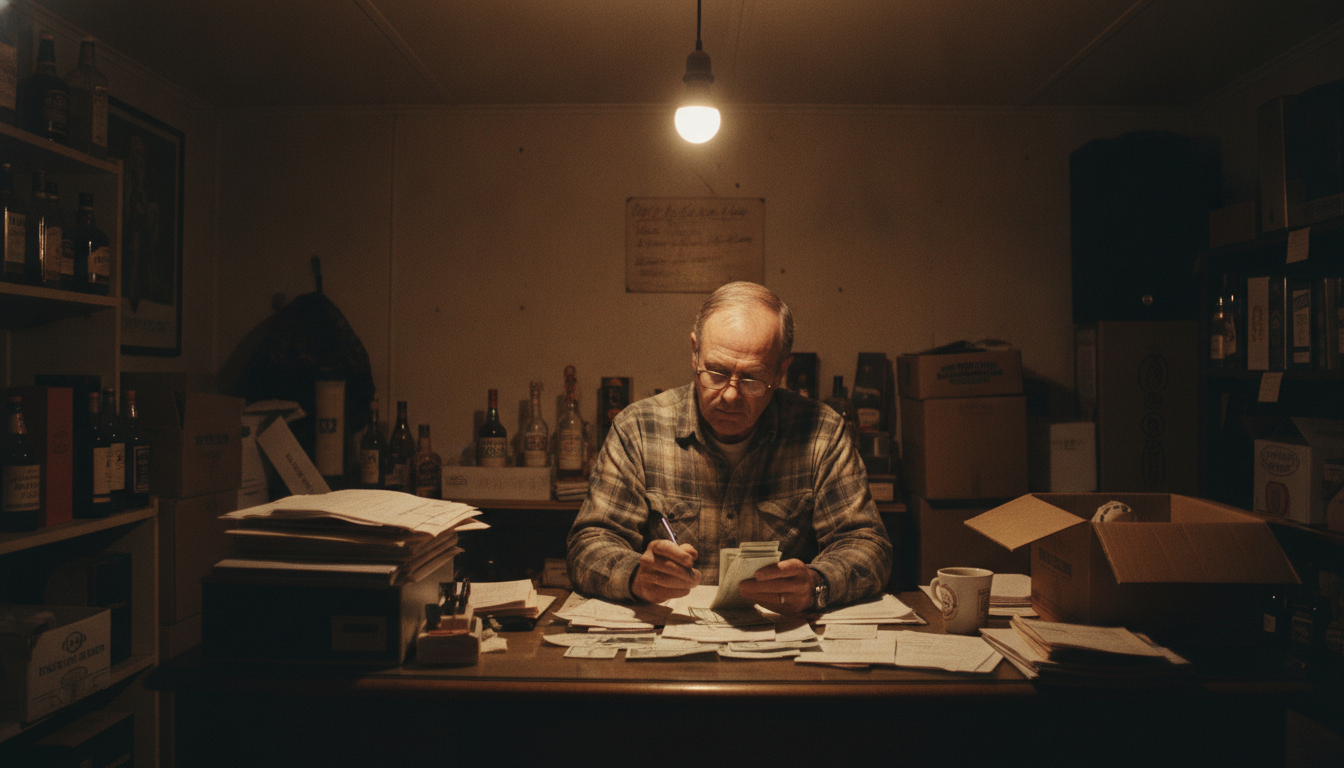 A liquor store owner going over the day's deposit slips in the back room before opening