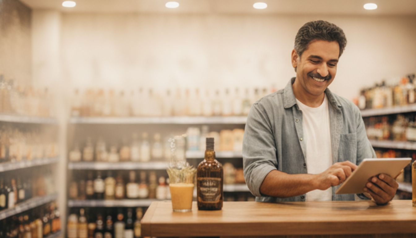 Store owner checking a tablet behind the counter of his liquor store