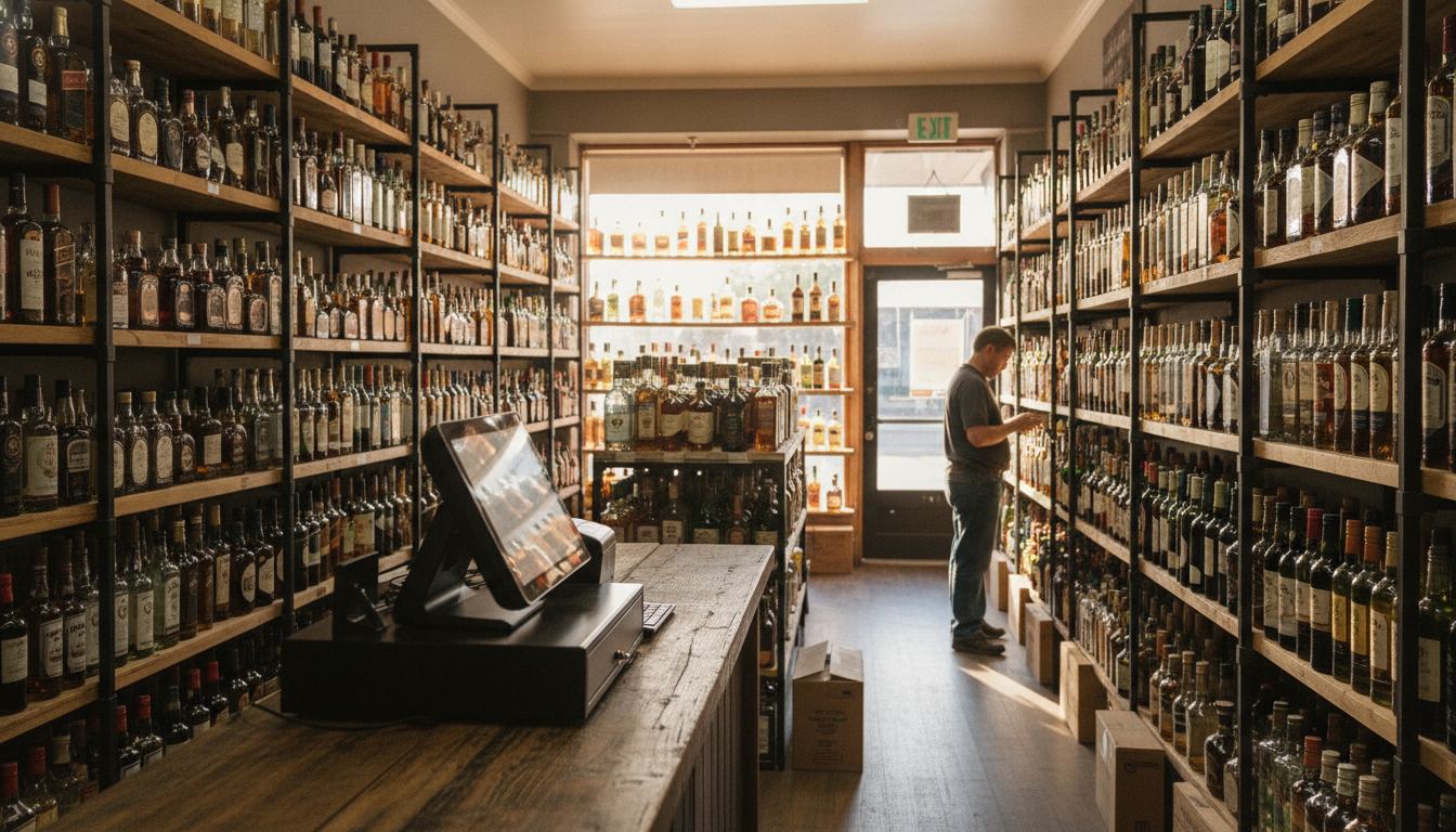 Modern touchscreen register on the wooden counter of a small liquor store