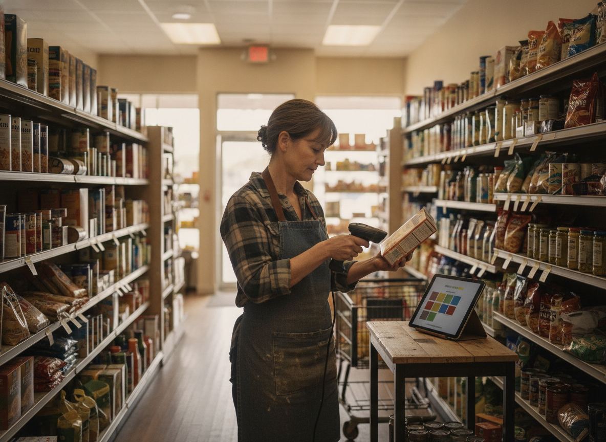 Store owner scanning a product barcode with a handheld scanner in a grocery aisle