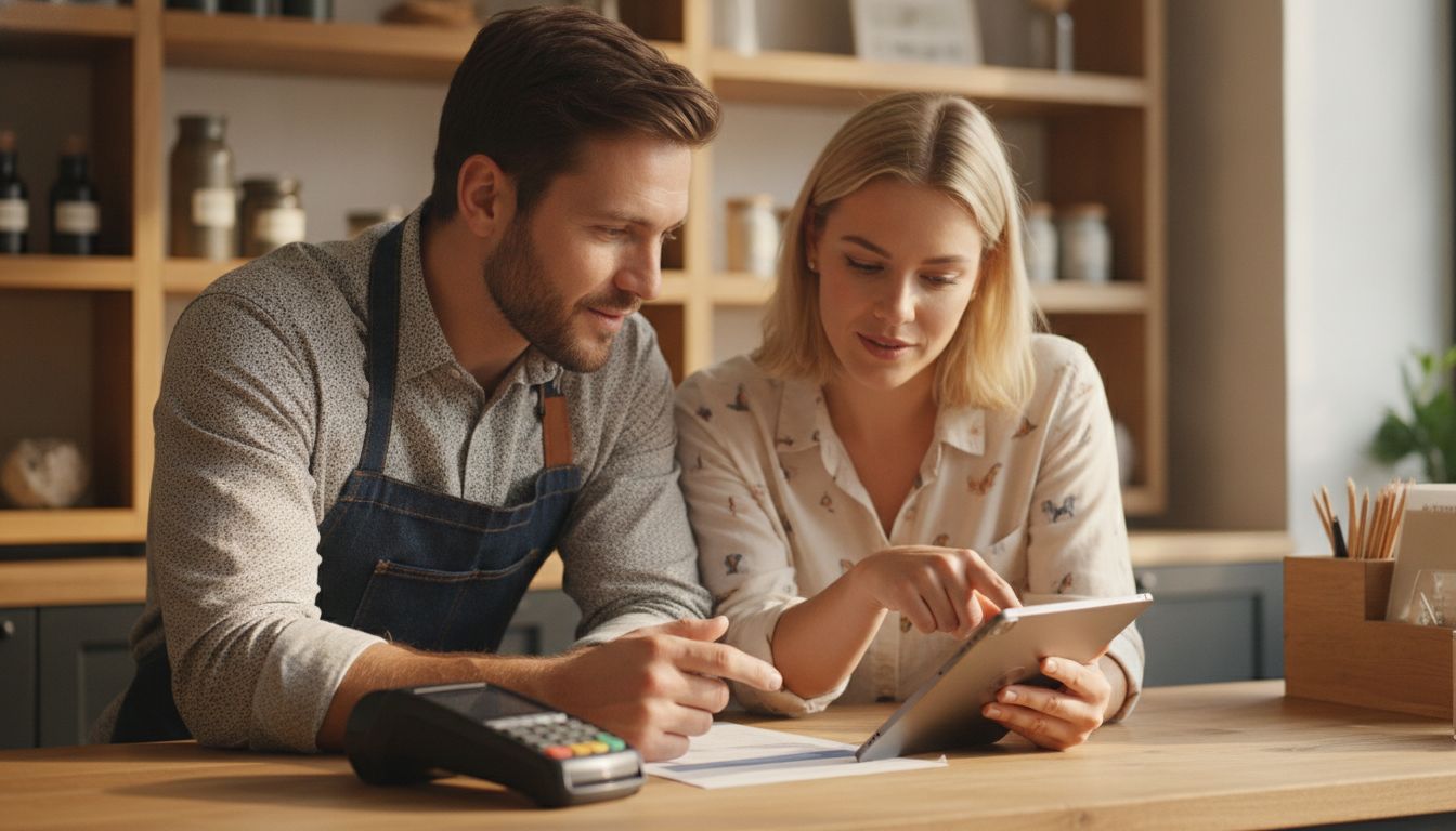 Store owner and a payments specialist going through a processing statement together at the counter
